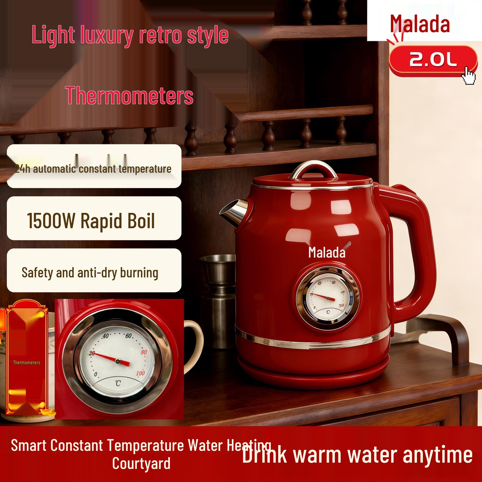 Retro Luxury Red: Wanlida Smart Kettle with Real-time Temp Display and Constant Temperature Control. Real-time Temp Display