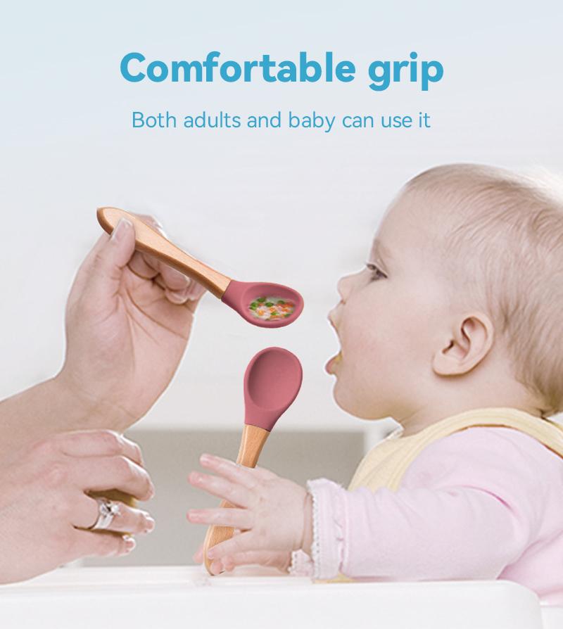 5Pcs Silicone Baby Feeding Set BPA Free Suction Bowl Divided Plate Wood Handle Spoon Fork Silicone Bibs Children Tableware