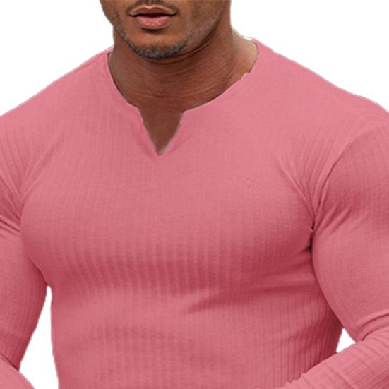 Men T-shirt Solid Color Ribbed Long Sleeve V Neck Streetwear Autumn Winter Bottoming Shirt Tee Shirt Men Clothing