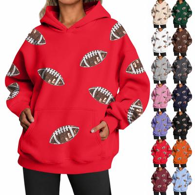 Women's Hooded Baseball Sweatshirt with Football Print No Drawstring Long Sleeve Pullover