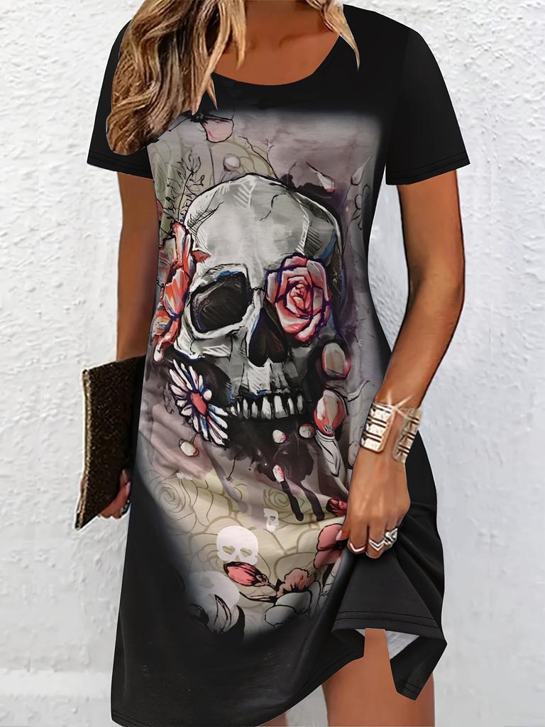 Women's Casual Short Sleeve Dress Abstract Skull Floral 3D Print Dresses Woman Summer Beach Vacations Casual Y2k Ladies Clothes