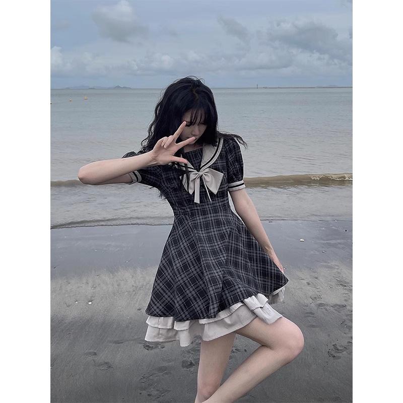 College Style Dress Summer New Women's Internet Celebrity Navy Collar Hong Kong Flavor Retro Chic Sweet and Spicy Fried Street Skirt