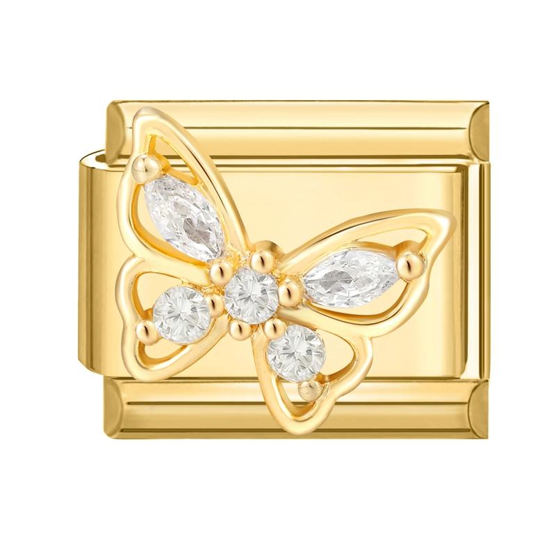 Vintage Zircon Cherry Heart Butterfly Star Bee Golden Italian Charm Links Fit 9mm Stainless Steel Bracelet Women DIY Making Gift