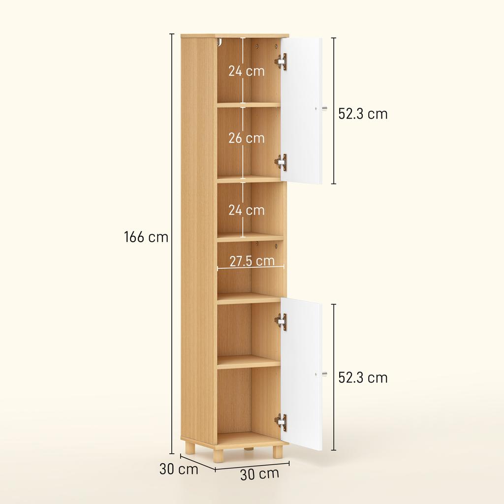 Bathroom Cabinet With 2 Cupboards And Open Shelves Adjustable Internal Shelves 30x30x166 Cm White And Wood