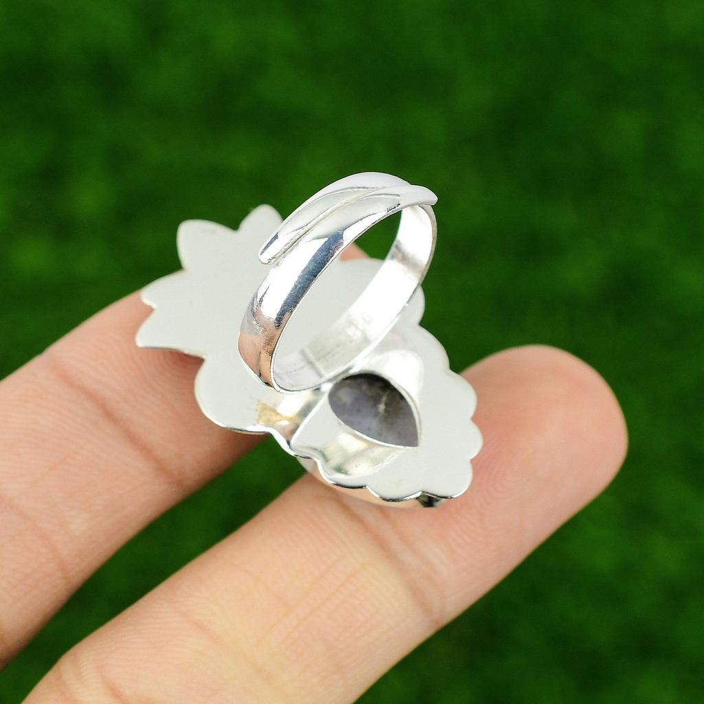 925 Sterling Silver Pear Blue Lace Agate Gemstone Elegant Bezel New Ring Jewelry