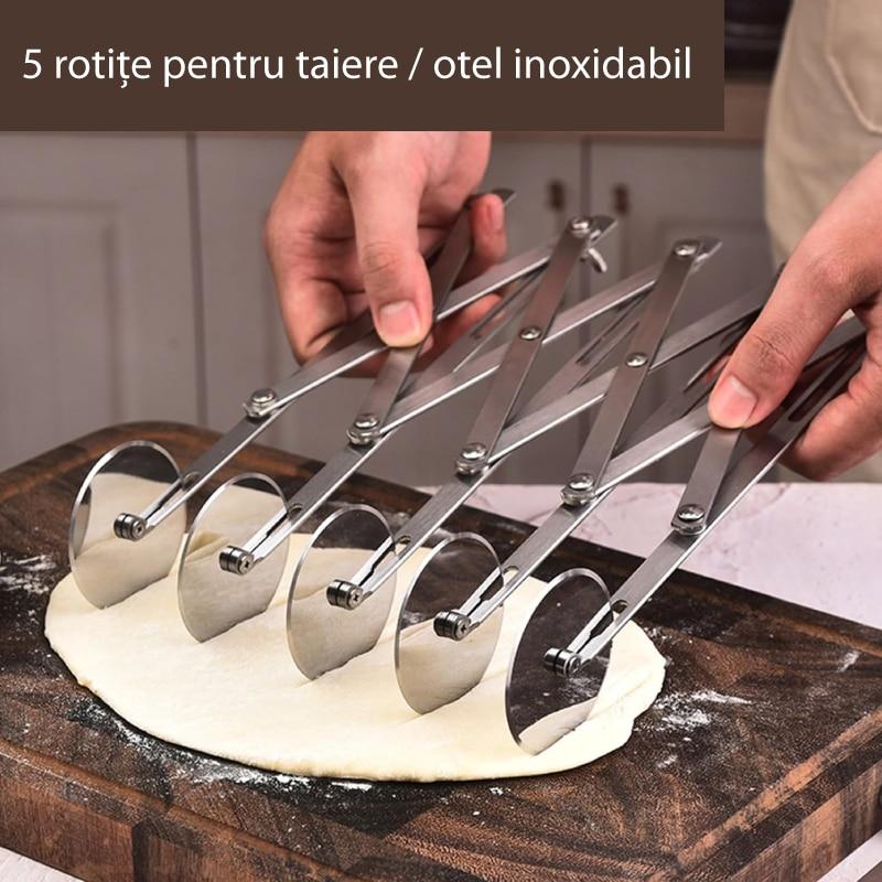 SUPER TRENDS 5-Wheel Professional Retractable Cutter, Stainless Steel Dough Cutter for Cookies, Ravioli and Pastry, Silver, 24.8x5.2x5.3 Cm
