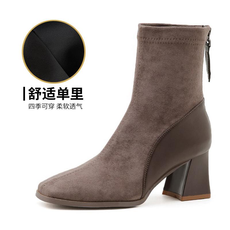 Korean version of square head suede short boots children's 2024 autumn and winter new British style thick heel short boots rear zipper boots women