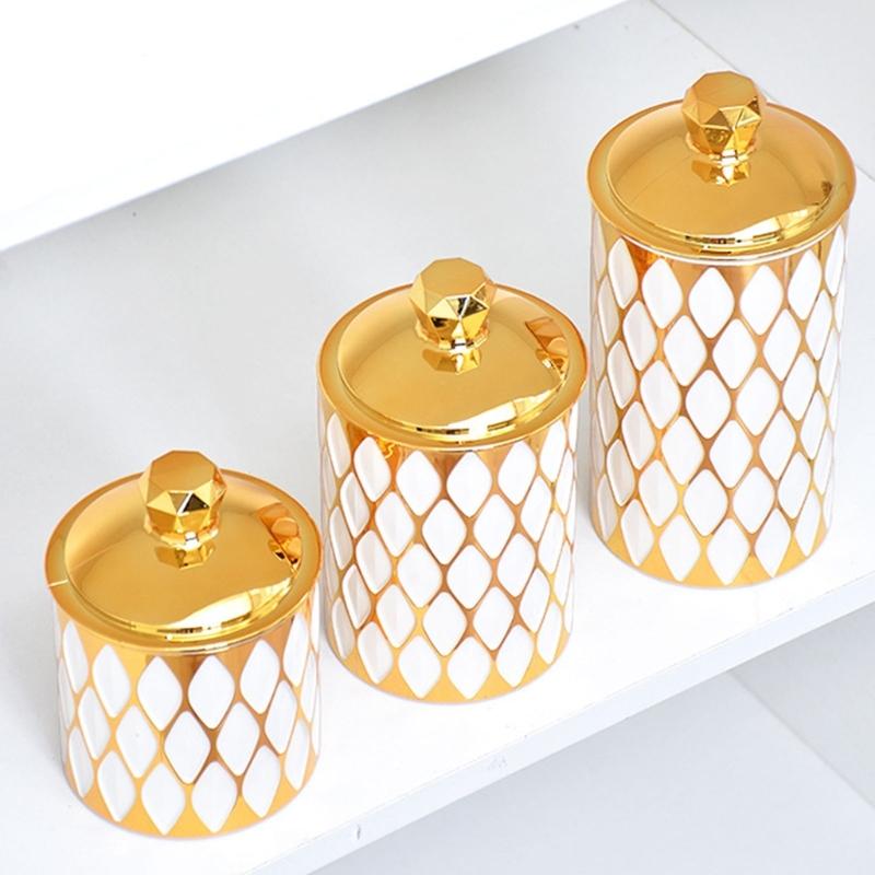 Set Of 3 Decorative Golden Trimmed Storage Tins Plastic Food Canisters With Gold Trim Sealed Jar For Home Office Use