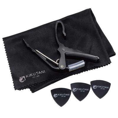 Produkte behandelt von Japanischem Kikutani Capotast One Touch Gitarren-Kapodaster-Set für Akustikgitarre und E-Gitarre Plektren x 3 Mikrofasertuch 3-teilig
