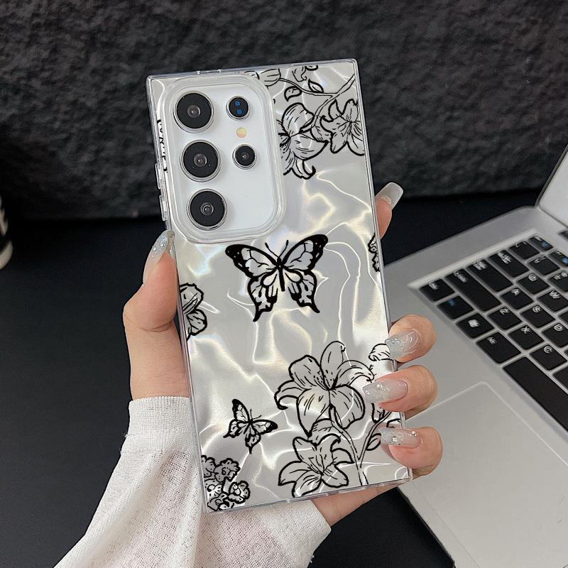 Black Butterfly Print Glitter Glossy Phone Case For Samsung S25 S24 FE S23 Ultra A56 A36 A55 A16 A15 TPU PC Hybrid Shockproof Slim Clear Bumper Cover