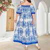 Plus Size Off-Shoulder Blue & White Porcelain Print A-Line Dress for Women