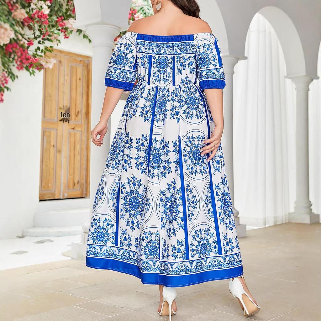 Plus Size Off-Shoulder Blue & White Porcelain Print A-Line Dress for Women