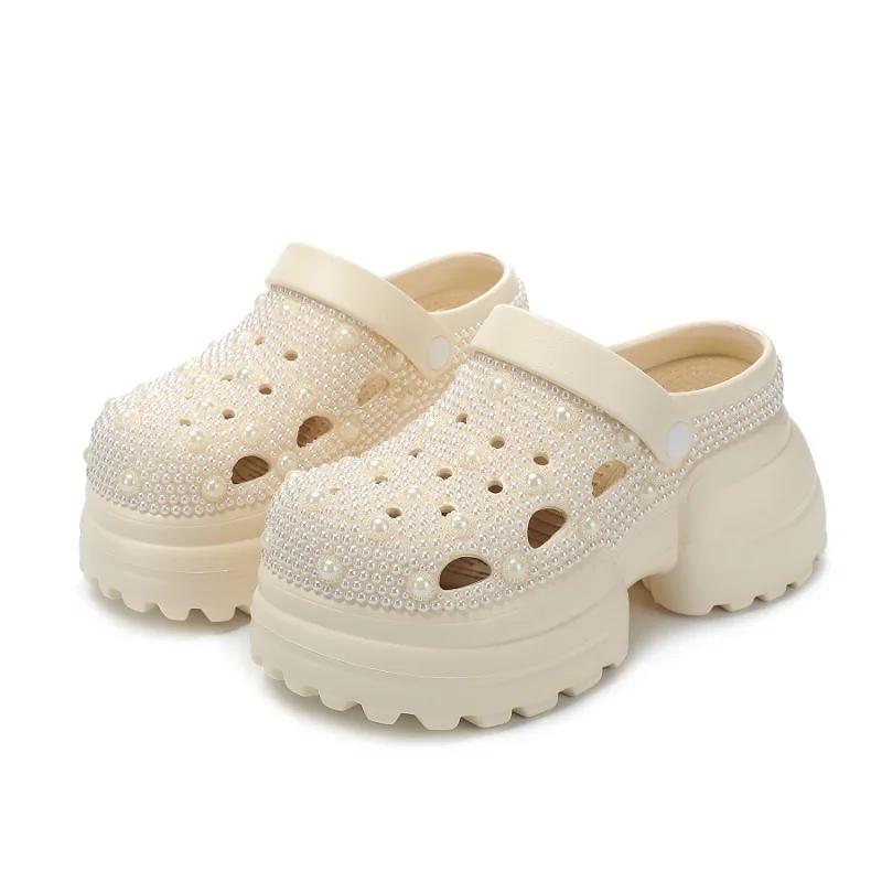 Fashion New Handmade Inlaid Pearl Thick Sole Middle Heel EVA Sandals  White Black Fashionable Women's Pearl Hollowed Out Beach Slippers