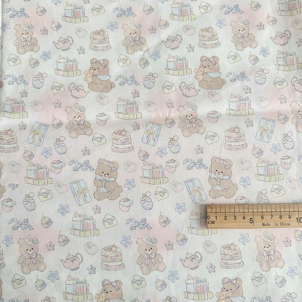 100% Cotton Digital Print Korean Cherry Bear Floral Fabric for Women's, Children's, Family Outfits & DIY Homewear