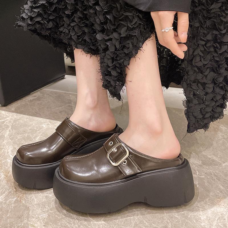 Fashion Baotou Slope Slippers Spring New Round Head Deep Mouth Rivets Metal Buckle Waterproof Platform Non-slip High Heels