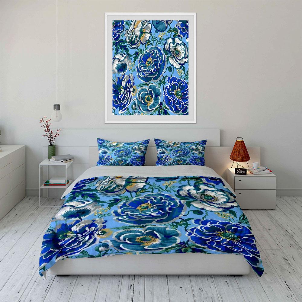 Blue Floral Pattern Design Bedding Duvet Cover Set (1*Duvet Cover 2*Pillowcases, Without Duvet Insert)