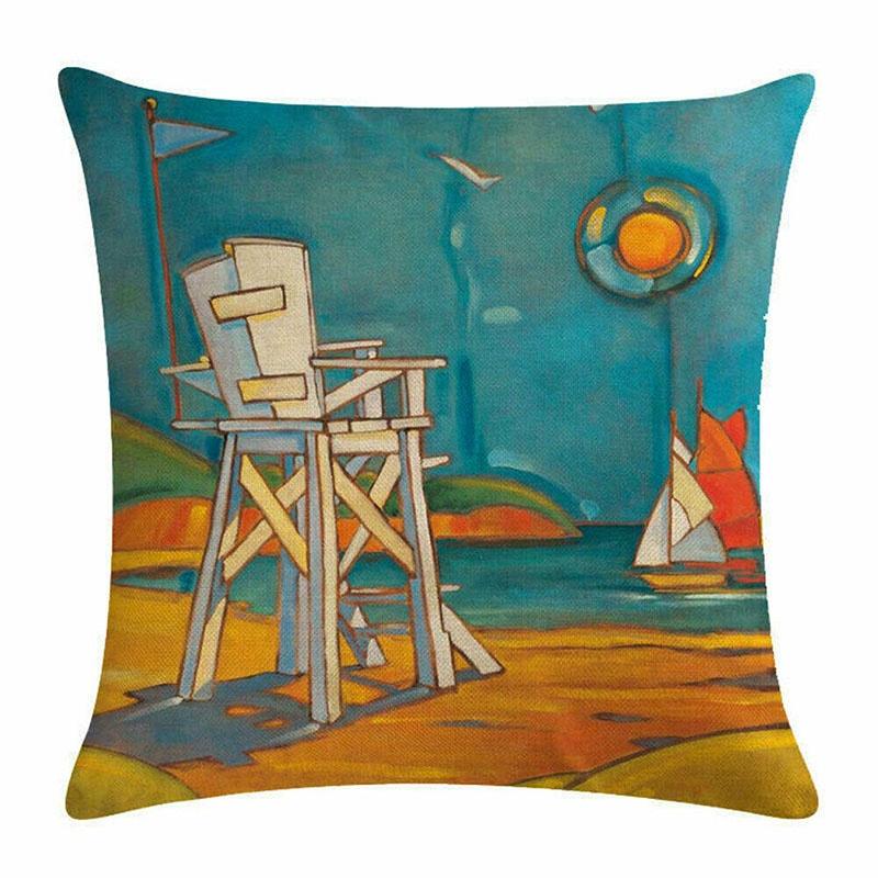 Artistic Beach Oil Painting Cushion Cover With Invisible Zipper For Stylish Interiors