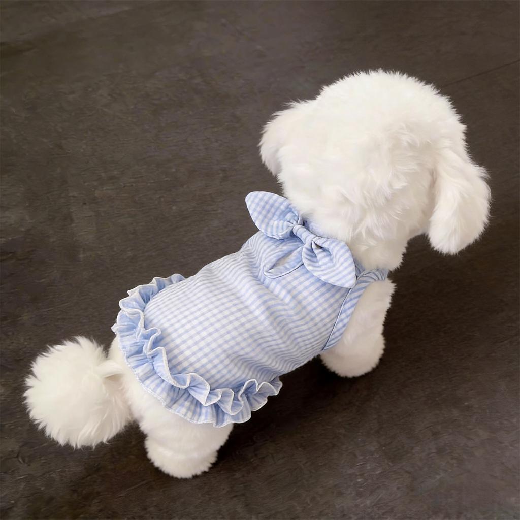 Dog Summer Dress Thin Sleeveless Princess Dress with Bowknot Plaid Pattern for Small Dogs