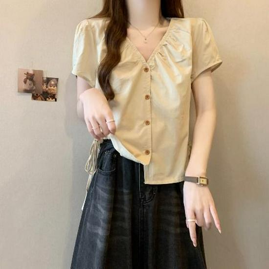 Plus Size V-Neck Drawstring Pleated Short Sleeve Summer Top for Women - Waist-Cinched Tummy-Covering Design