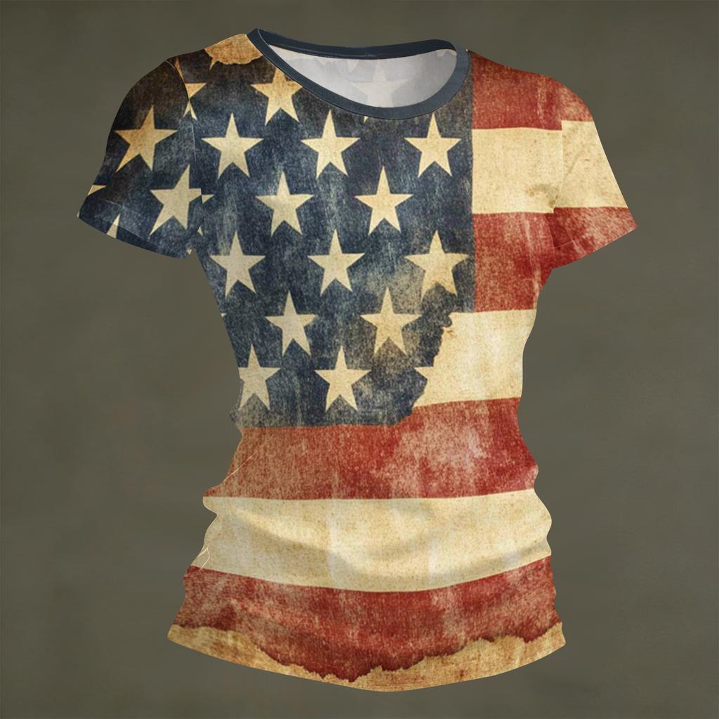 Women's Fashion Round Neck Independence Day Print Short Sleeve Loose Crewneck T-Shirt Top