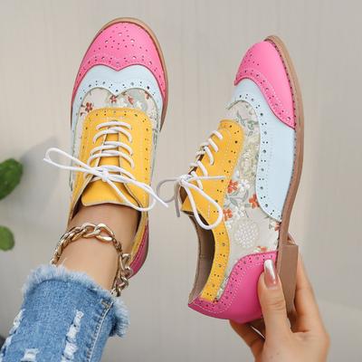 Spring and Autumn Flat-bottomed Brock Single Shoes Women's Color Matching Lace-up Round Head Casual Women's Shoes
