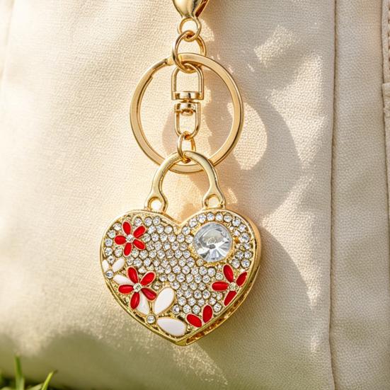 Keychain Pendant Heart Shape Charm Key Holder with Enamel Flower Design Lightweight Anti-Oxidation Durable Lobster Clasp Keyring
