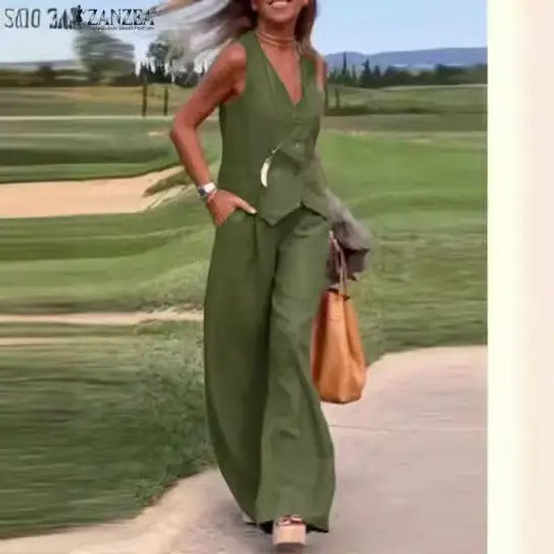 European and American Women clothes 2025 New Fashion Solid Set Vest Trousers Collage Patchwork Casual Two-piece Set Women
