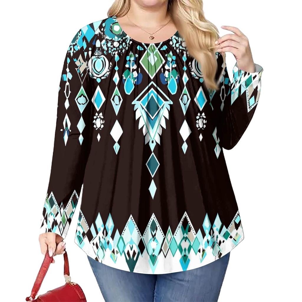 Women's Plus Size Fashion Printed Casual Pleated Round Neck Long Sleeve Top