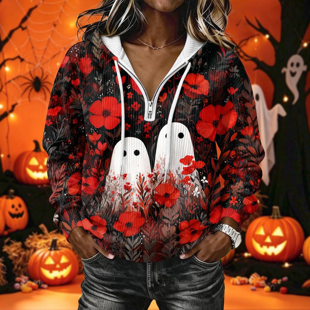 Women's Casual Long Sleeve Halloween Printed Hoodie Pullover with Top