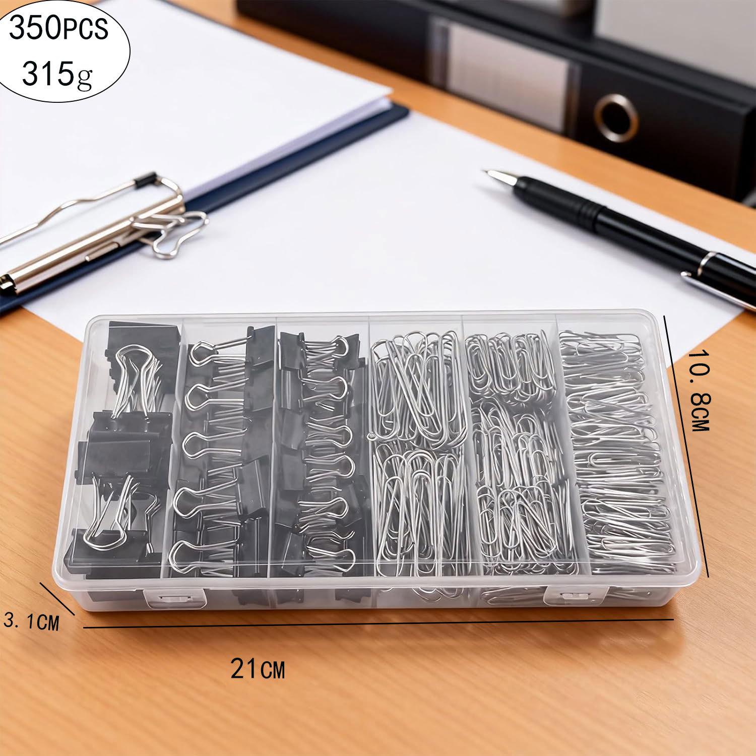350-Piece Flat Box Set: Black Long Tail Clips & Silver Paper Clips for Document Organization