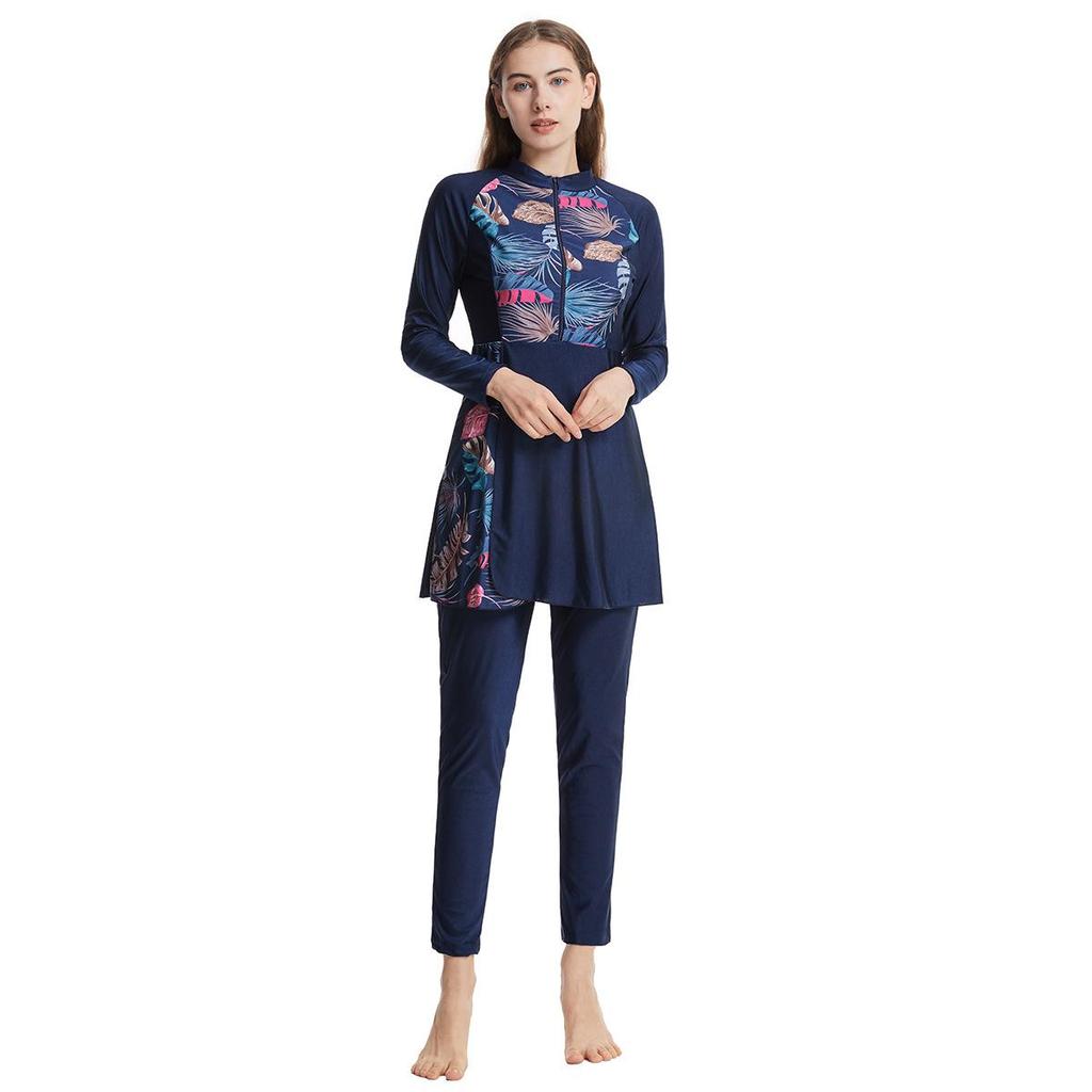 Women Printing Swimwear Muslim Bathing Suit with Cap Long Sleeve Swimsuit Full Coverage Swimming Suit 3 Pieces Sun Protection
