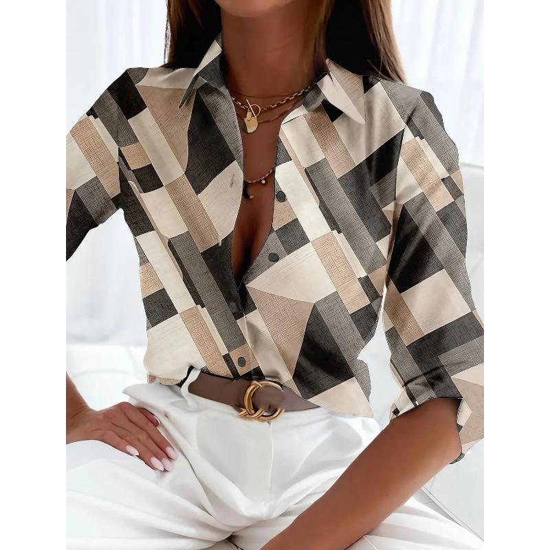 Women's Shirts Elegant Vintage Fashion Geometric Autumn Lapel Neck Blouse Womens Tops Long Sleeve Printed Shirts Womens Clothing