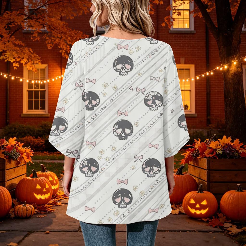 Women's Halloween Printed Casual Loose Fit Neck Three-Quarter Sleeve Top for Fall