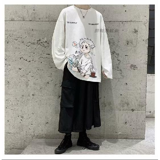 2024 Herren Langarm T-Shirt Herbst Unterhemd Langarm Baumwolle Herbst Hong Kong Stil Druck Lose Trendy Top