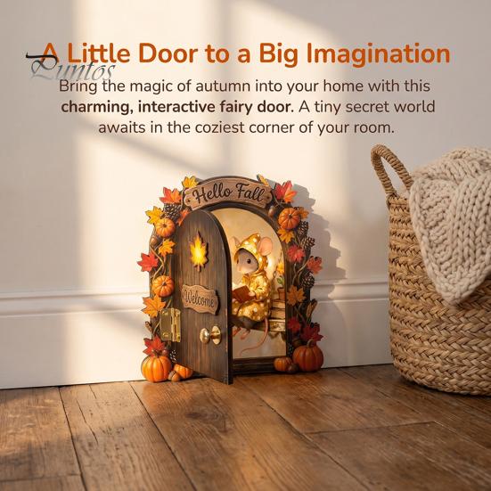 Decorative Baseboard Elf Door Wooden Halloween Decor, 2D Fairy Mouse Miniature Wall Autumn Theme Tale Ornaments Hanging, Rustic Shelf Ornament