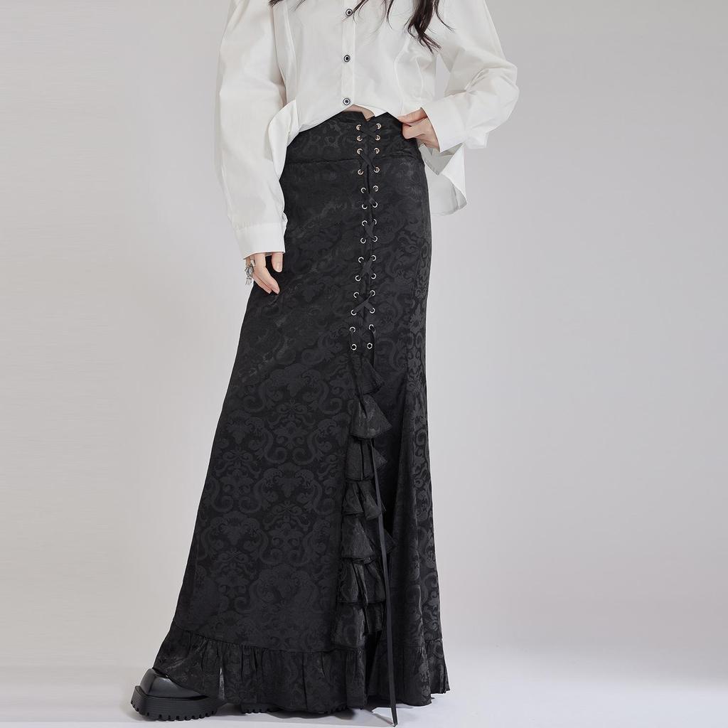 2025 Gothic Victorian Jacquard Fishtail Skirt with Lace-Up Detail