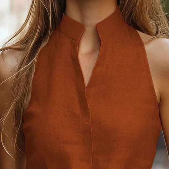 Women Tops Stand Collar Sleeveless Slim Fit Shirt Tops Pure Color Casual Shirt Summer Work Party Date Wear