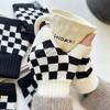 New Black and White Checkerboard Plaid Gloves Half Finger Gloves for Couples Knitted Typable Student Fingerless Warm Gloves