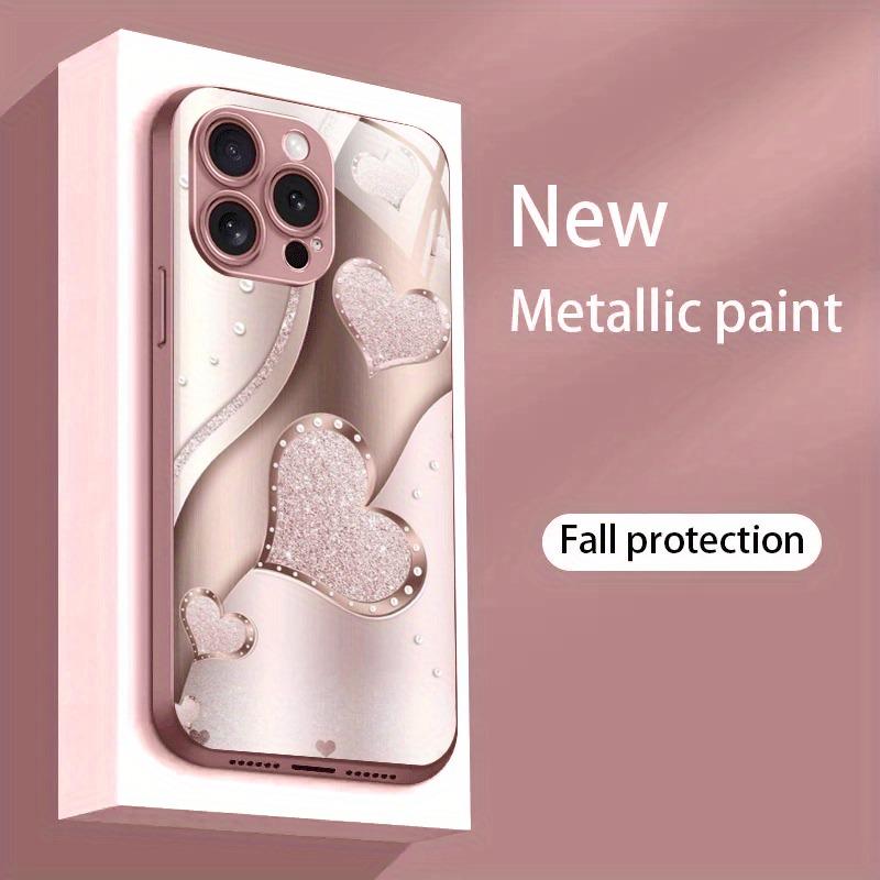 Funkelndes Rosa Herz Kurvenmuster Metallische Farbe Glas Handyhülle Für iPhone 11 12 13 14 15 16 17 Pro Max Plus 16E 17Air Hülle