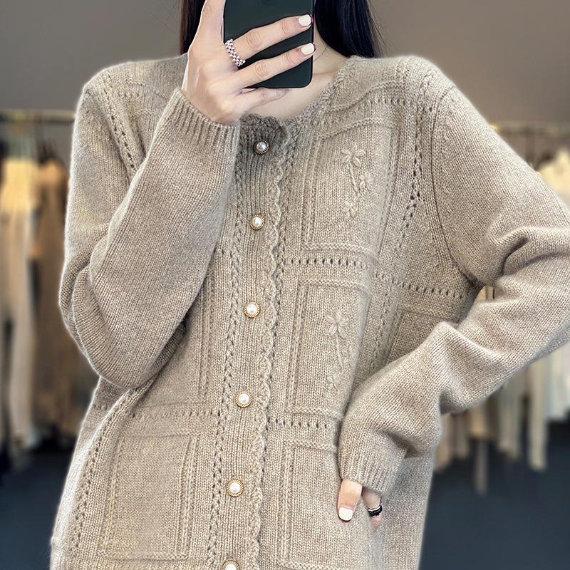 2023 Women's Pure Wool Round Neck Hollow Out Jacquard Knit Cardigan - 100% Cashmere, Loose Fit