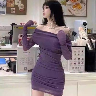 Purple Sparkling Pure Lust Style New Temperament Dress One-line Slanted Shoulder Long Sleeve Waist Slim Fit Hip Skirt for Women