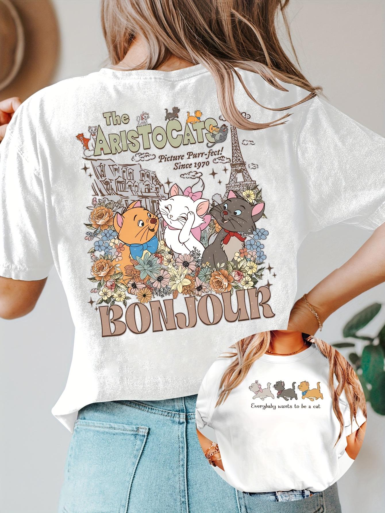 

Womens Short sleeved Cat Adventure Tshirt Double sided print round neck short sleeved casual summer top S