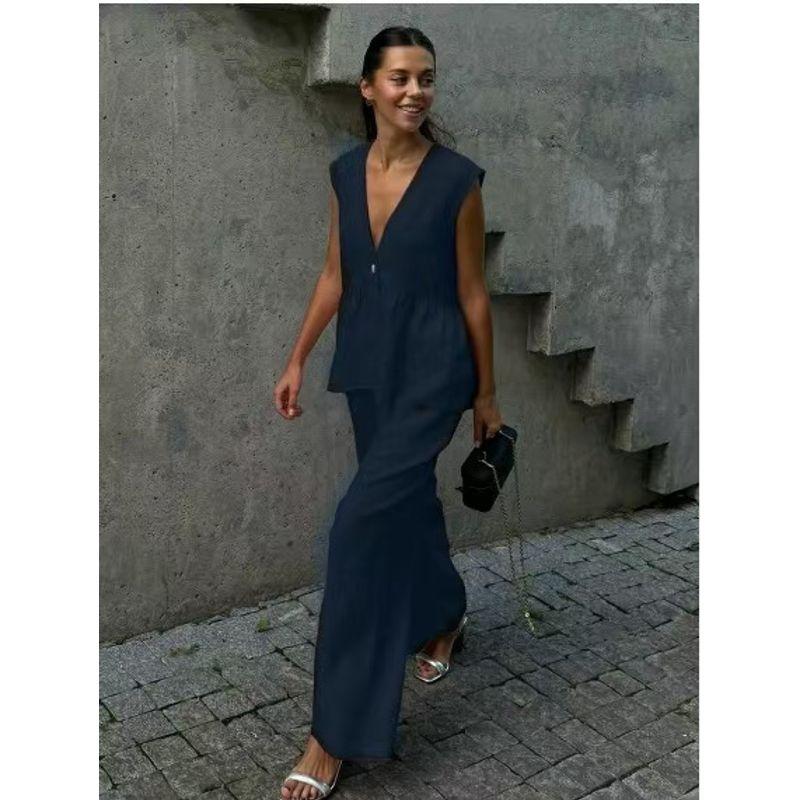 

Top and Pants Set2025 New Women V-neck Button Sleeveless Cotton Top Trousers Temperament Two-piece Set Dark blue XL