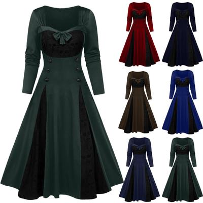 Women's Lace Color Block Patchwork Dress Vintage Long Sleeve Bow Dress Halloween Party Dress