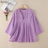ZANZEA Blusa da Donna Casual con Scollo a V, Maniche a 3/4, Larga, Patchwork di Pizzo all'Uncinetto