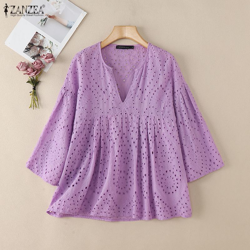ZANZEA Blusa da Donna Casual con Scollo a V, Maniche a 3/4, Larga, Patchwork di Pizzo all'Uncinetto