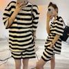 Large Size Casual Sports Suit for Women Summer Korean Style Striped Short-sleeved T-shirt Shorts Two-piece Set
