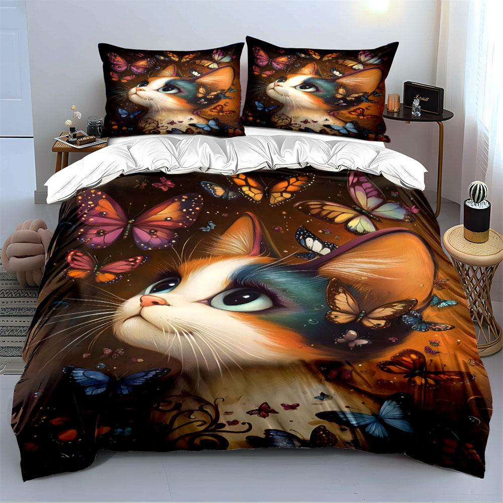 Colorful Cat and Butterflies Print Bedding Duvet Cover Set Duvet Cover Pillowcases (1 * Duvet Cover 2 * Pillowcases, without duvet insert)