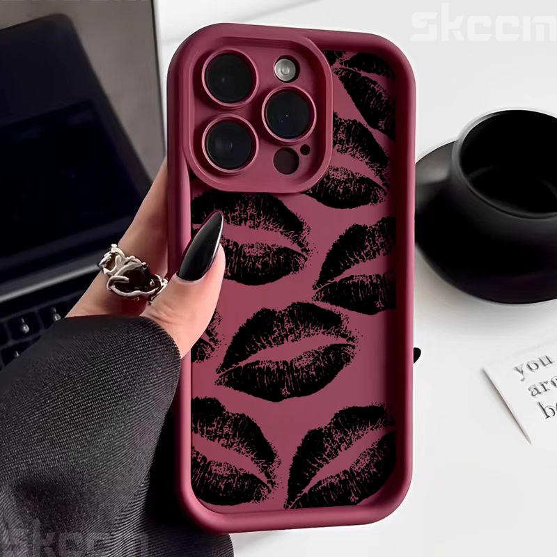 Custodia per Telefono in Morbido Silicone con Stampa Bacio Labbra Nere e Rosse per iPhone 16 Pro Max 15 14 Plus 11 12 13 7 8 Plus X XS XR 16E Cover