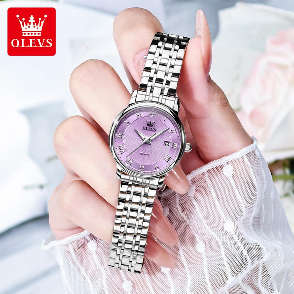 OLEVS Kvarts Klokker for Dame Ultratynn Solid Stållenke Elegant Mote Romersk Skala Auto Dato Vanntett Dameklokker